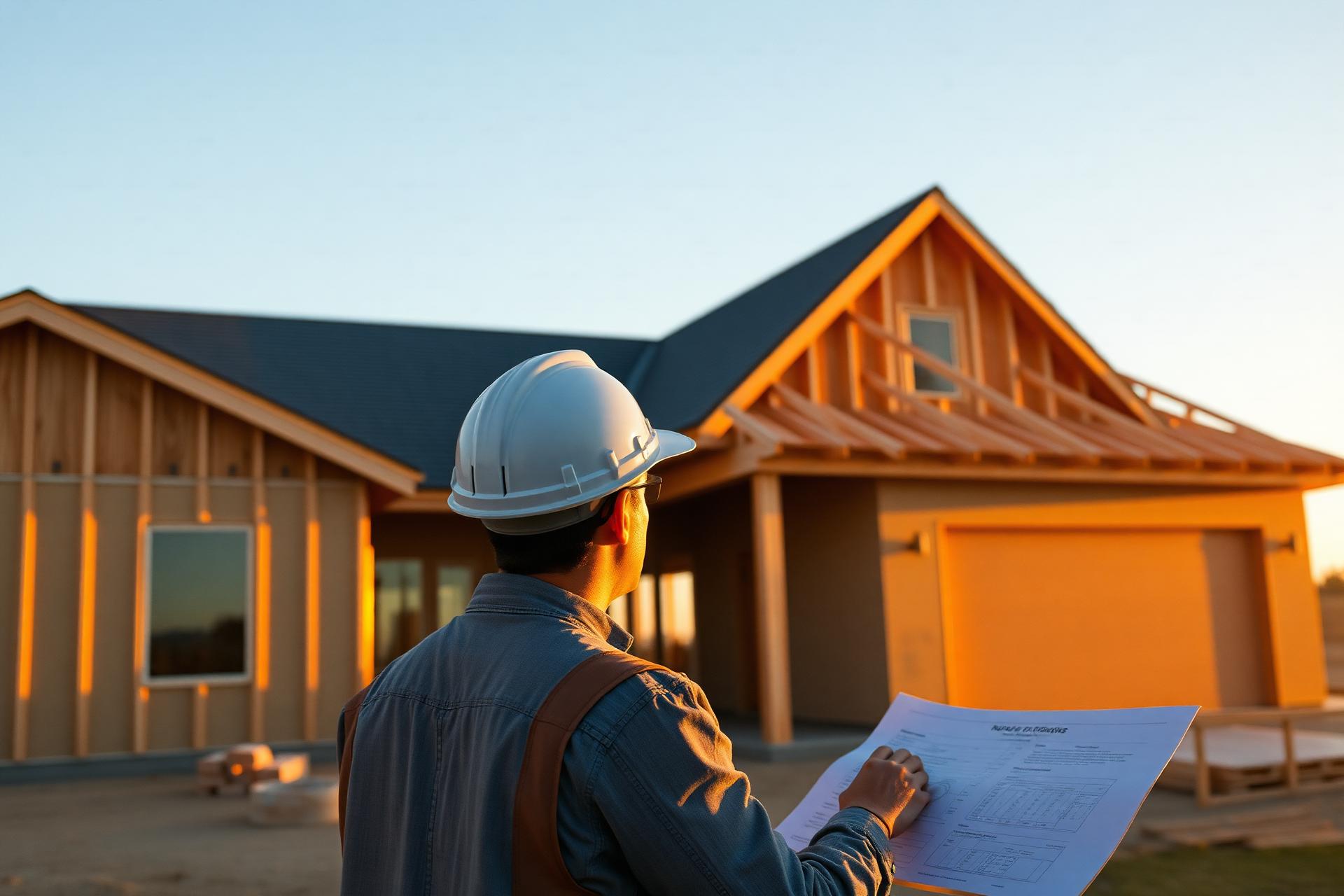 Modern custom home under construction at golden hour
